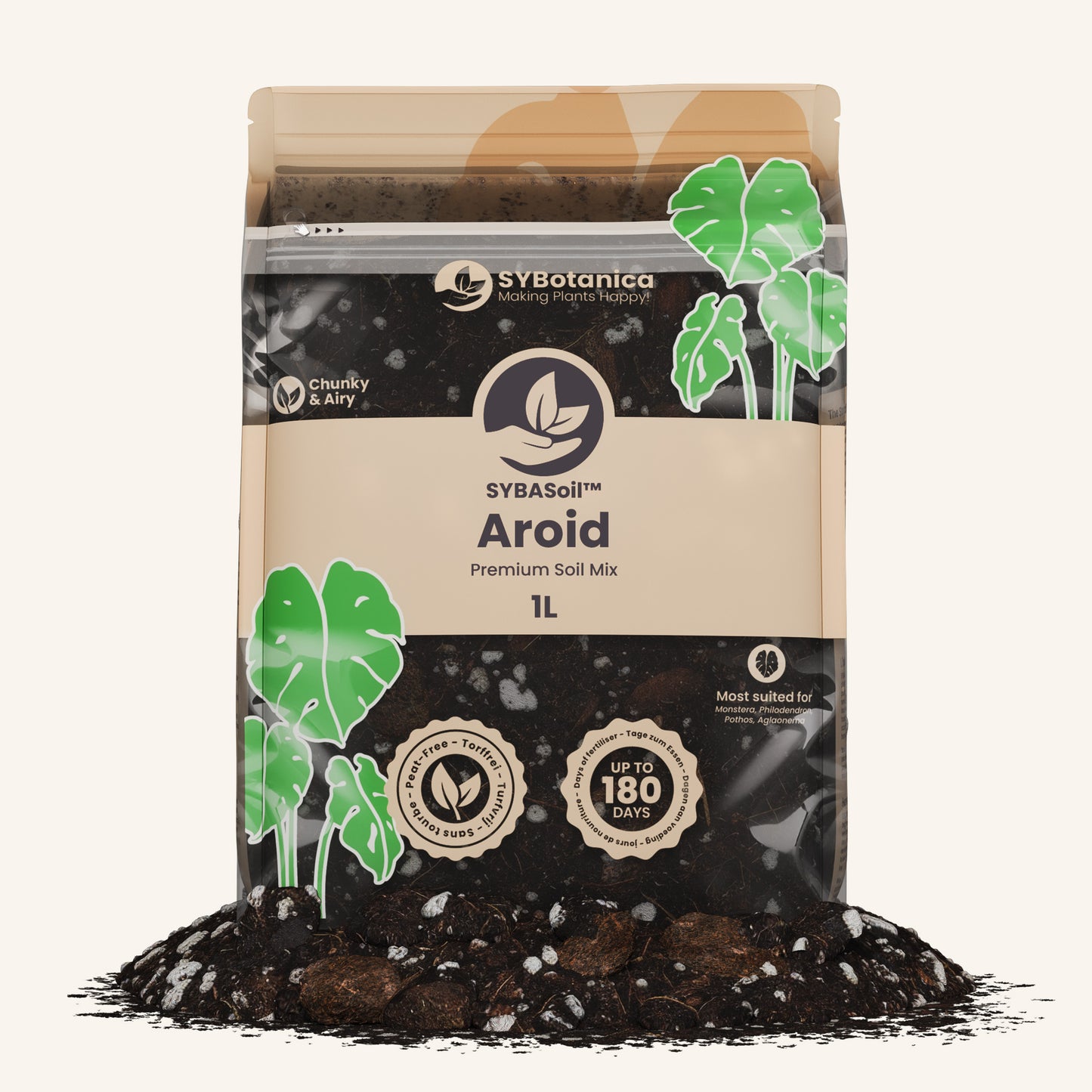 Bolsa vertical de 1 litro con mezcla gruesa oscura e ilustraciones de hojas