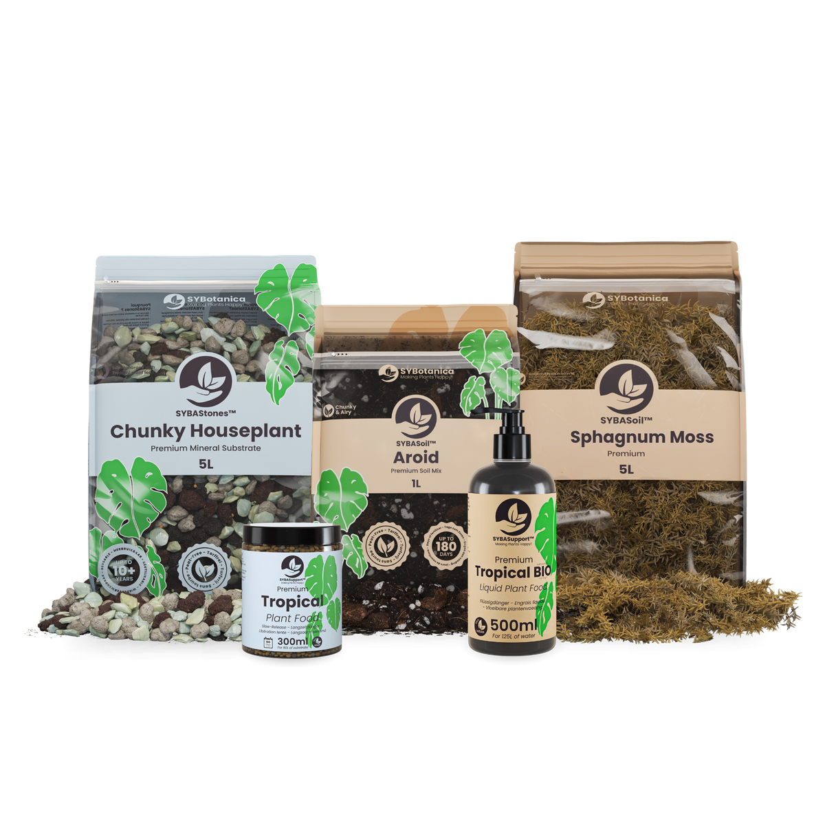 Five plant care product bags, jar, and bottle grouped together, sybotanica b2b sample box