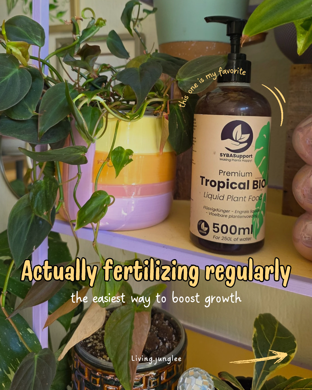 Tropical liquid plant food bottle on a shelf beside houseplants, list brands in house plant food