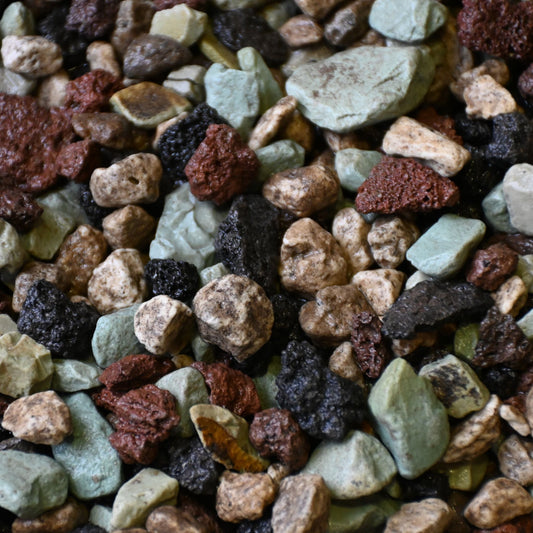 Mixed mineral substrate of green, red and pale stones