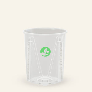 Clear plastic pot with ribbed sides and green leaf logo