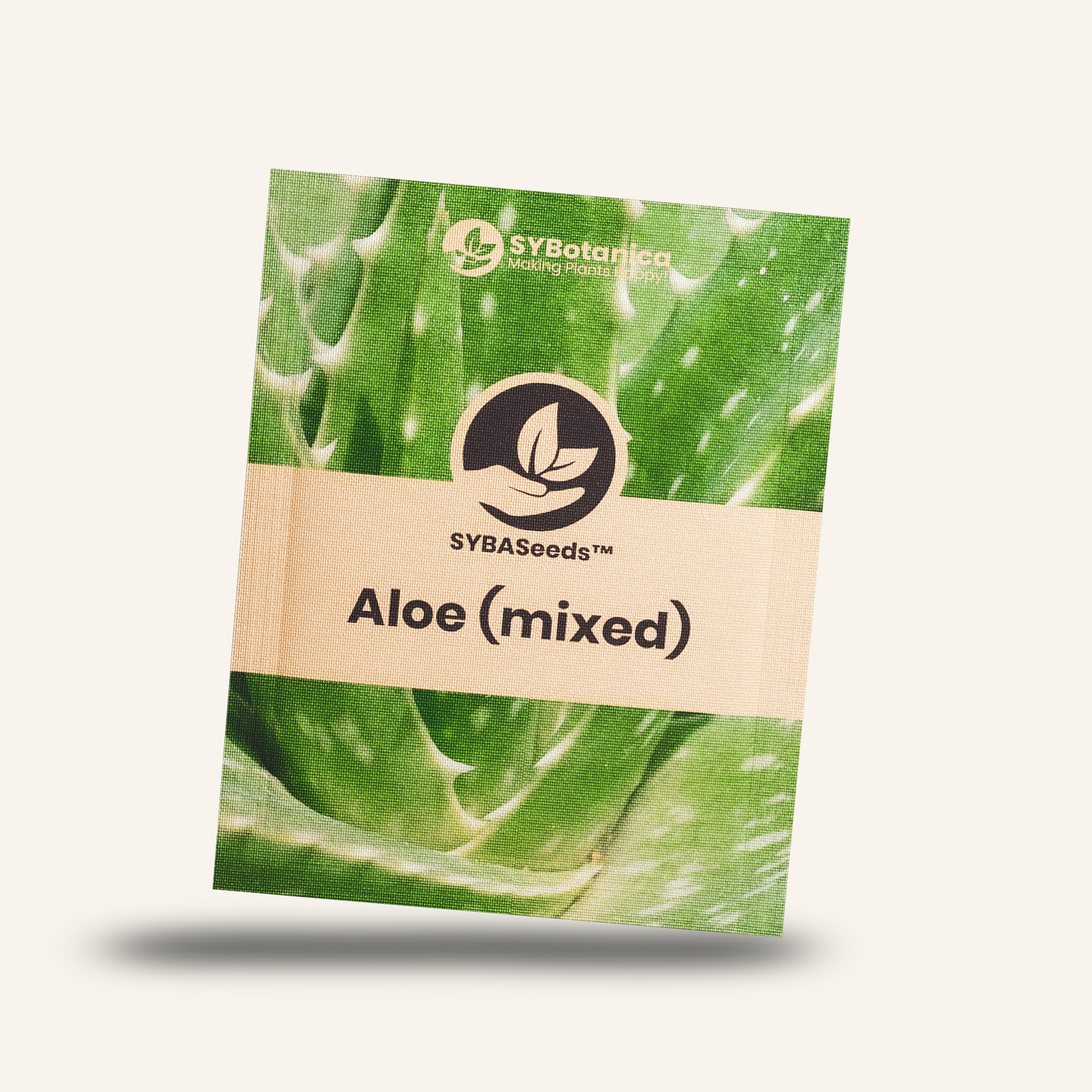Seed packet labeled Aloe mixed with plant photo