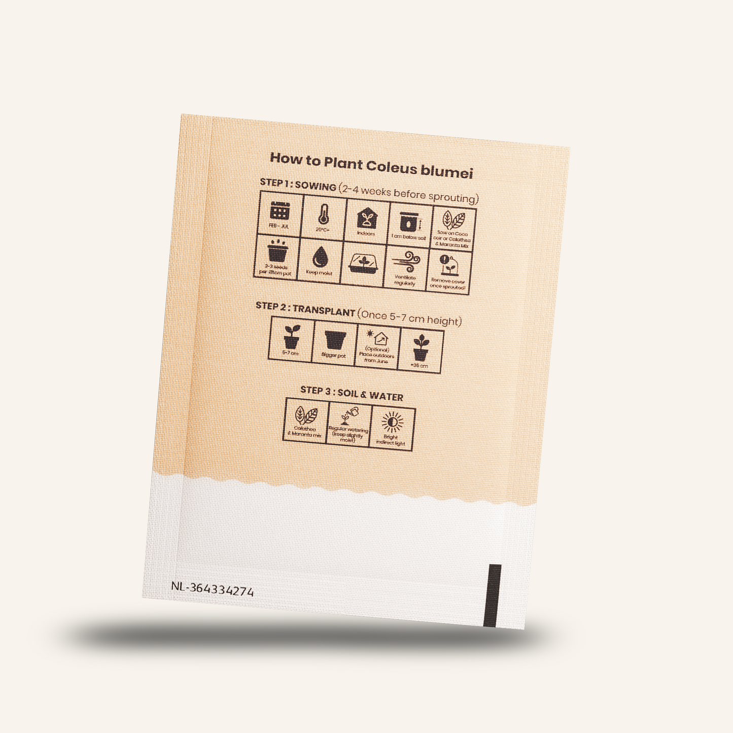 Seed packet card with planting instructions and icons