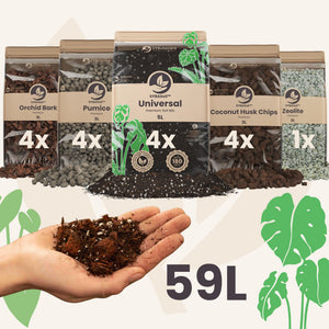 Five soil bags with hand holding potting mix, super diy aroid mix bundle